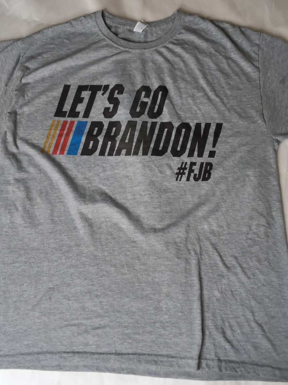 Jerzees Gray "LET'S GO BRANDON!" Graphic Tee with Red, Orange and Blue Accents